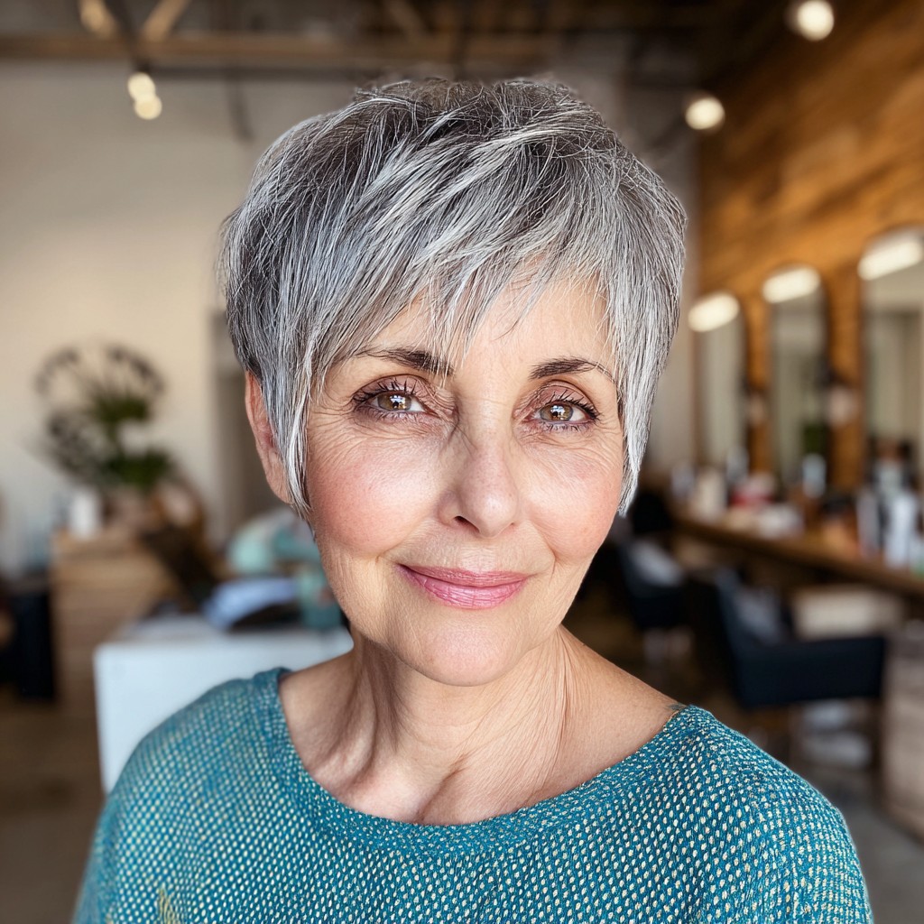Chic Textured Silver Pixie Cut with Long Bangs