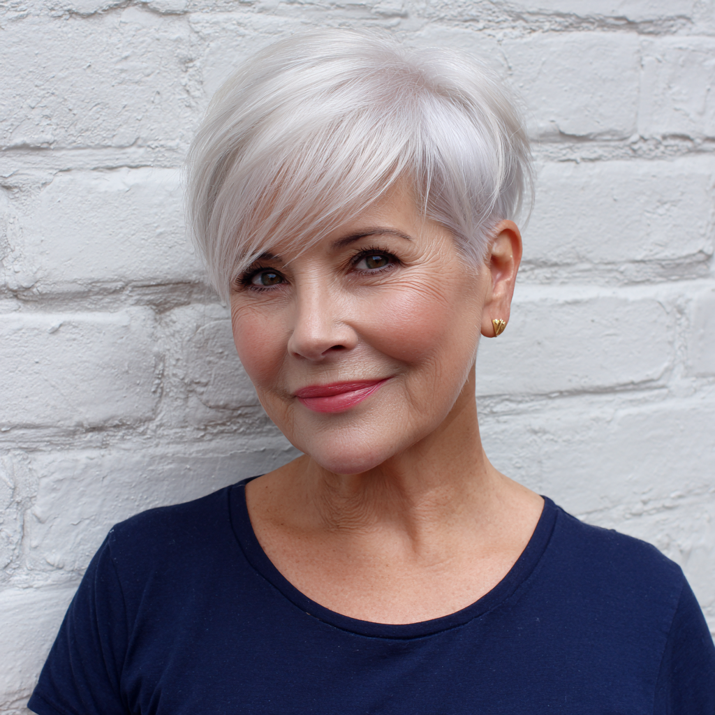 Chic Textured Silver Pixie with Side-Swept Bangs