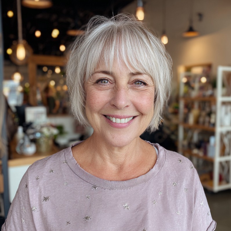 Effortless Choppy Silver Bob with Soft Fringe