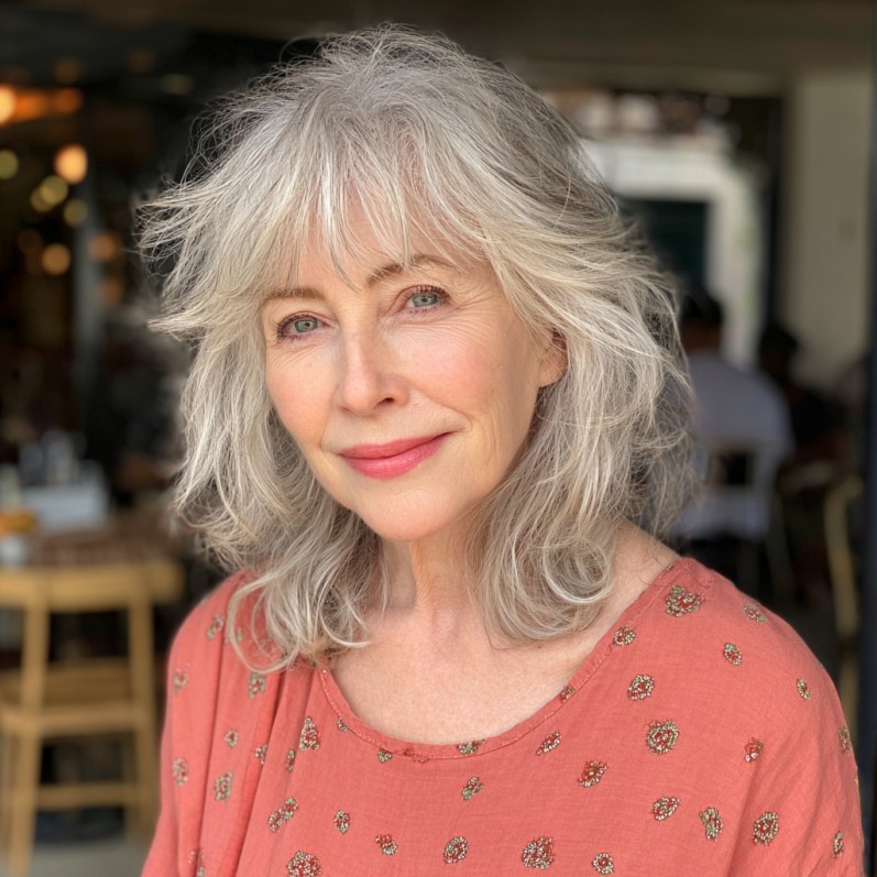 Effortlessly Chic Textured Waves with Light Bangs
