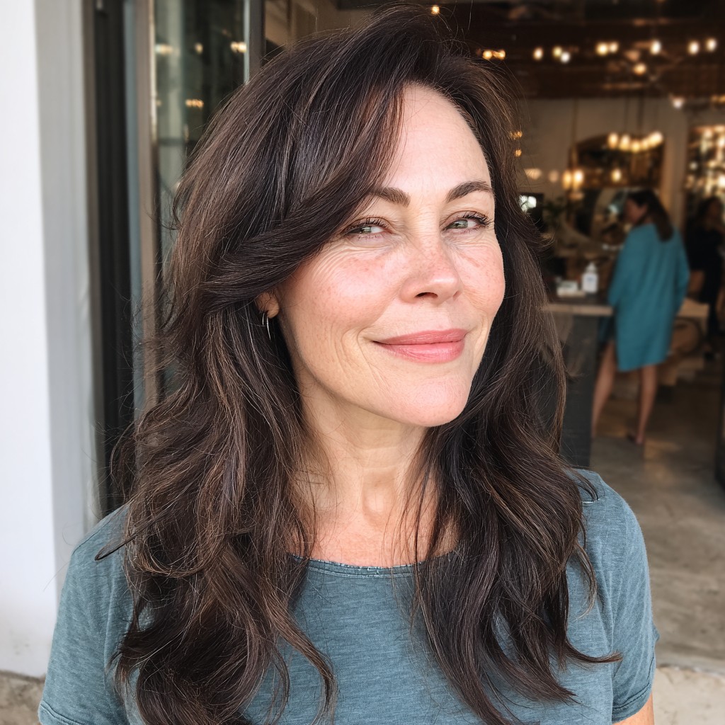 Elegant Dark Brown Long Layers with Soft Face-Framing Bangs