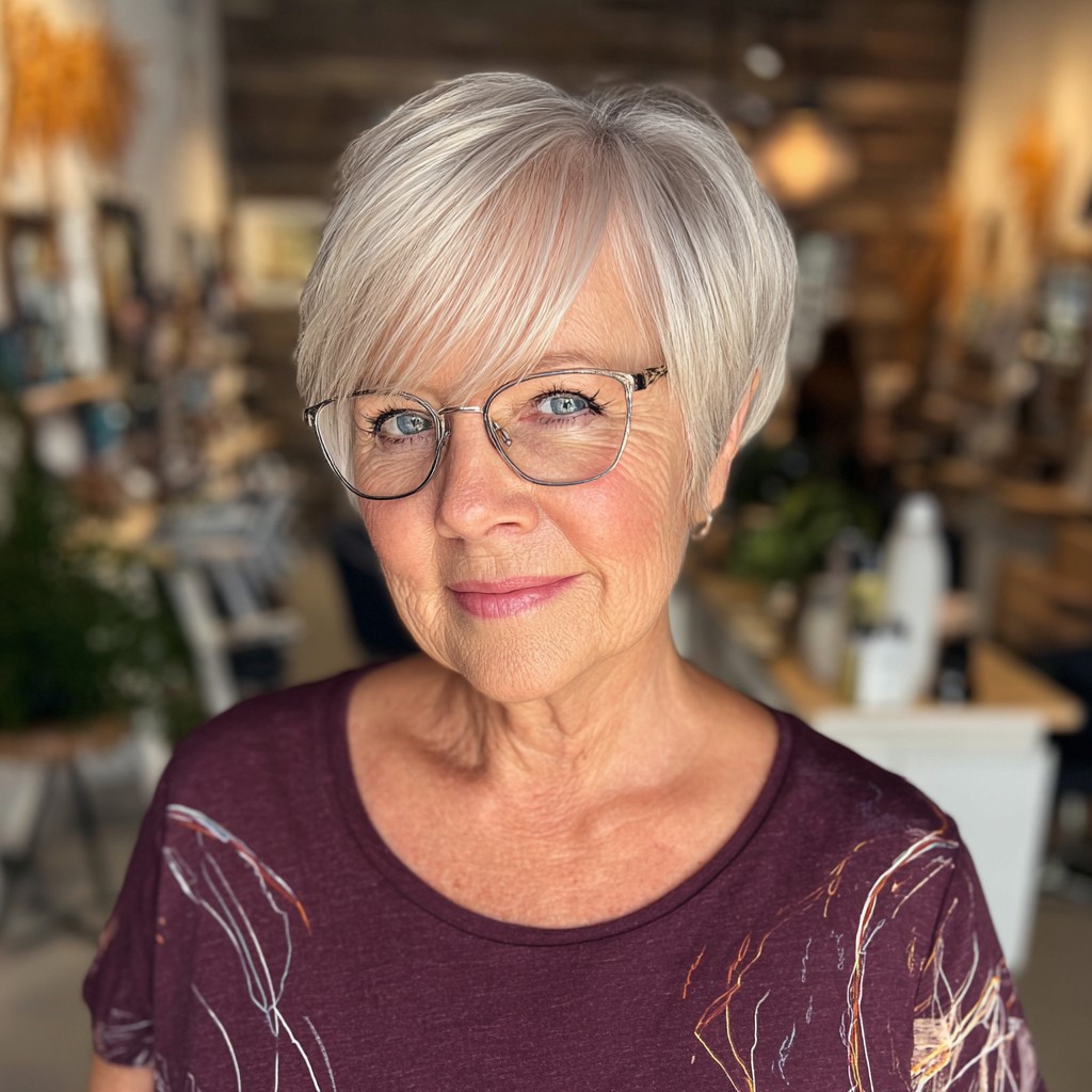 Elegant Silvery Pixie Cut with Soft Long Bangs