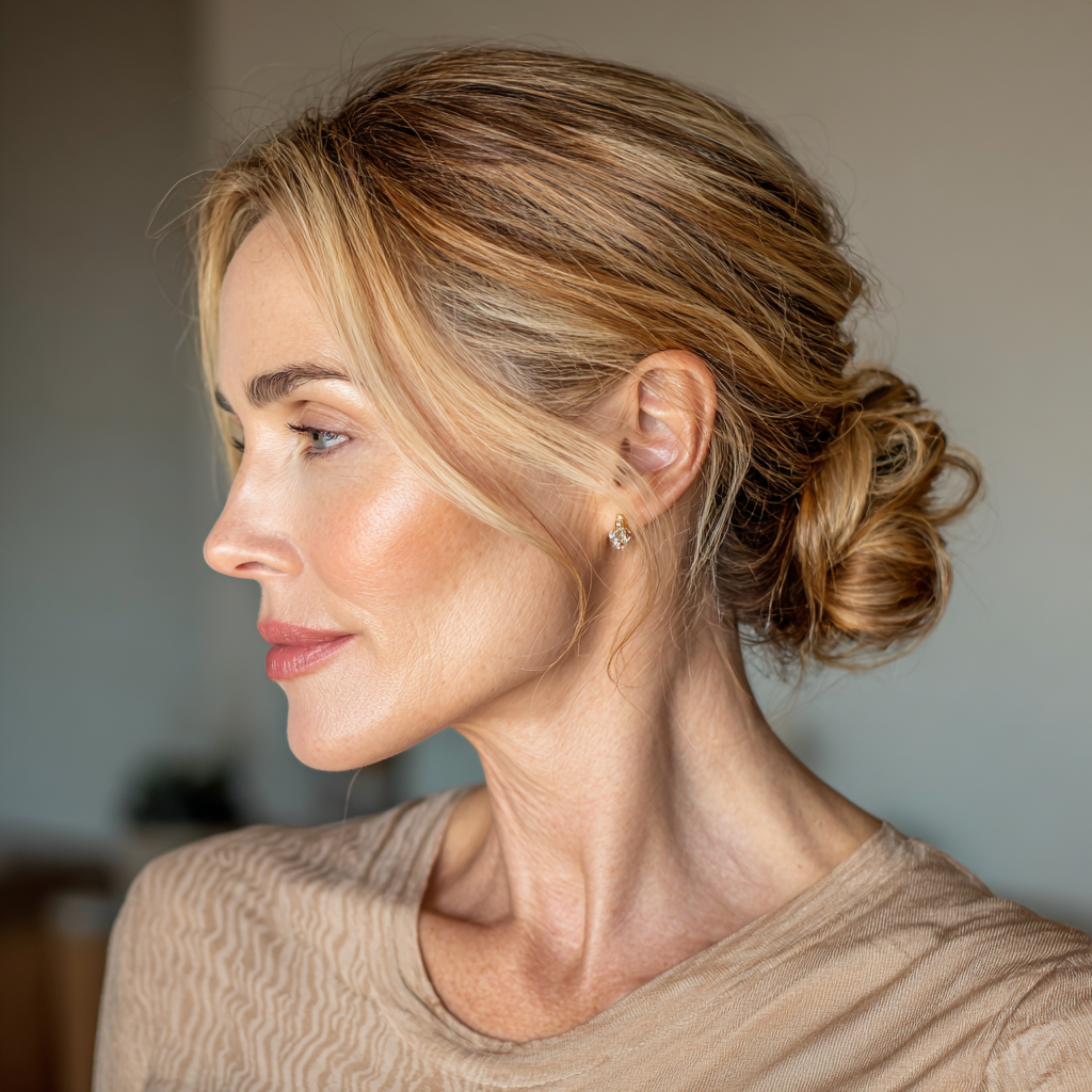 Elegant Textured Low Bun with Face-Framing Tendrils