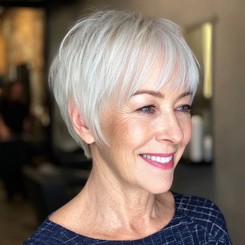 Modern Silvery Pixie Cut with Soft Long Bangs
