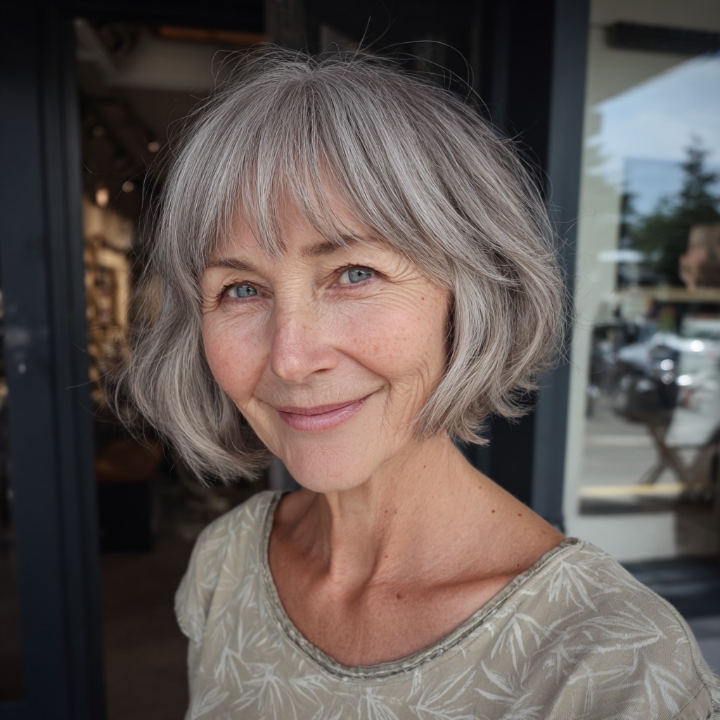 Modern Textured Grey Bob with Soft Bangs