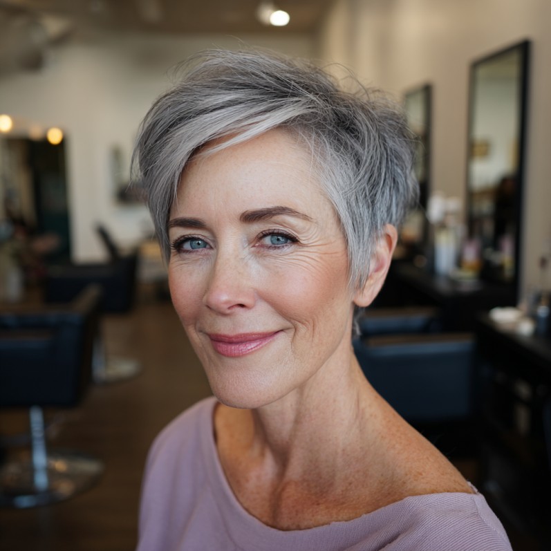 Modern Textured Silver Pixie Cut with Soft Layers