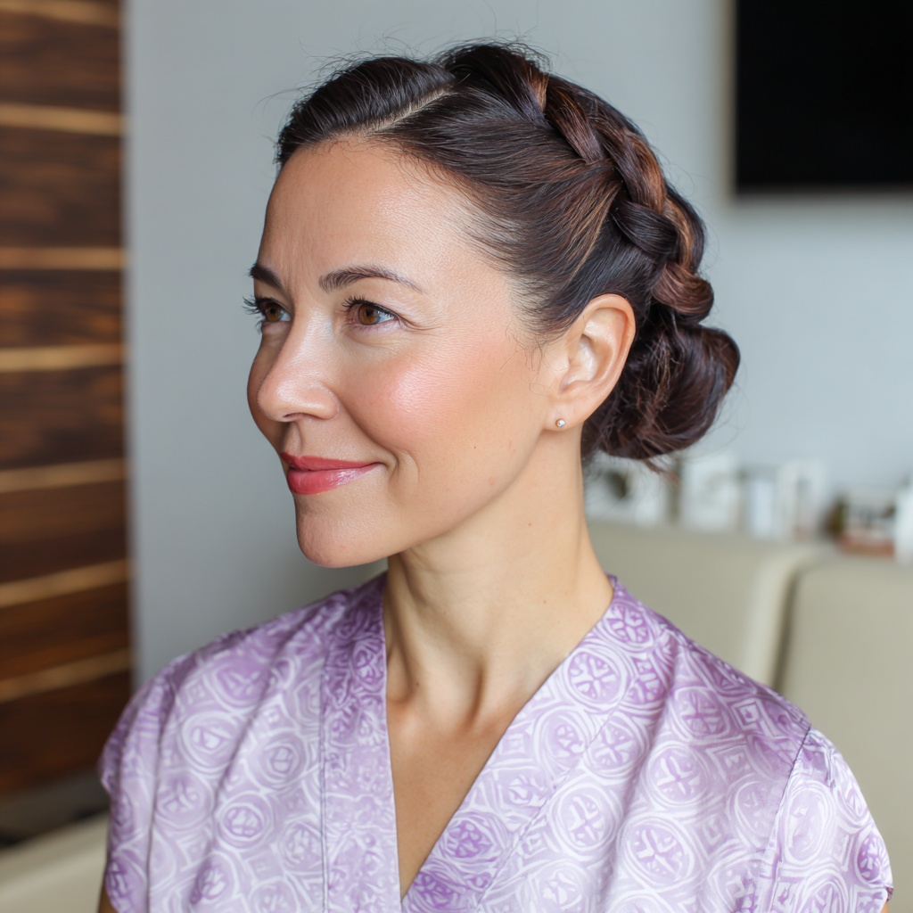 Sleek Braided Bun with Soft Face Framing Strands