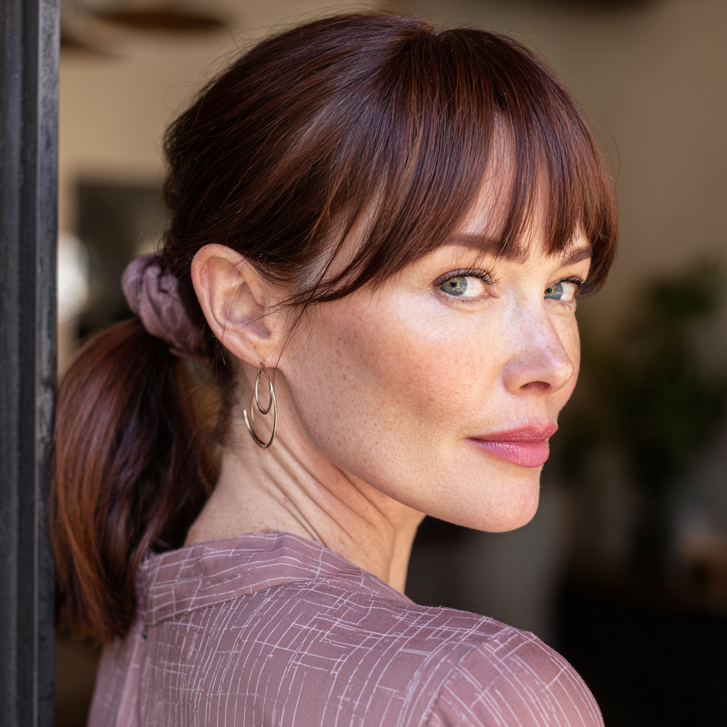 Sleek Low Ponytail with Soft Face-Framing Bangs