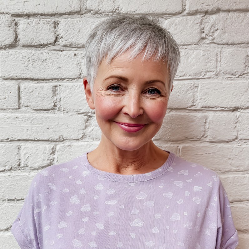 Sleek Silvery Pixie Cut with Textured Bangs