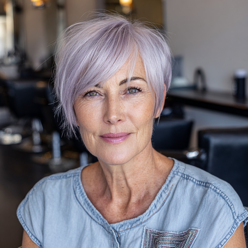 Soft Lavender Pixie Cut with Long Bangs