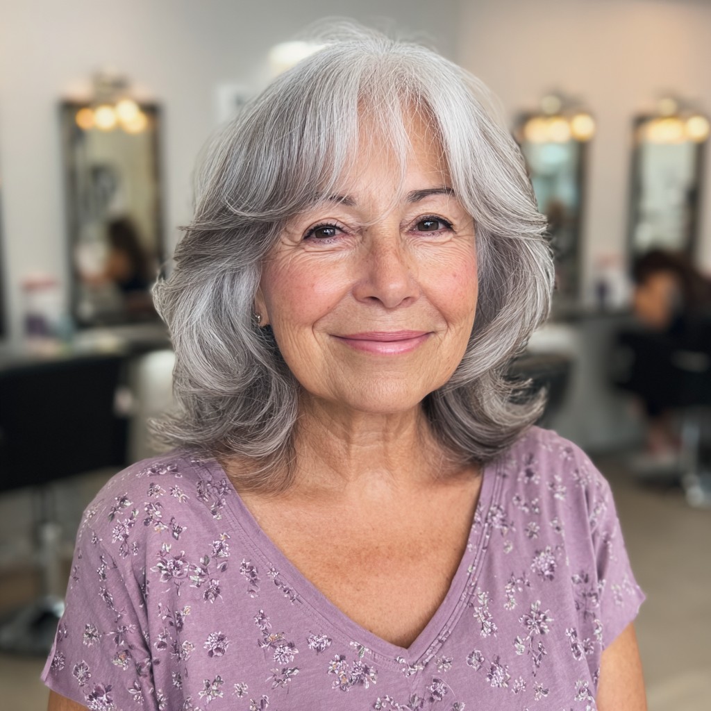 Softly Layered Grey Haircut with Face-Framing Bangs