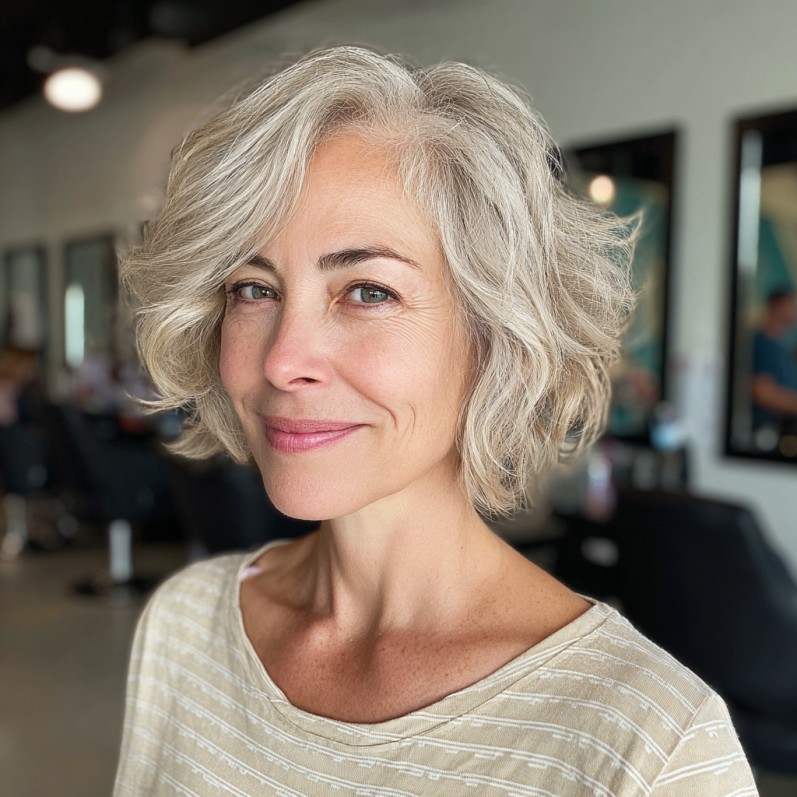 Softly Textured Ash Blonde Bob with Gentle Waves