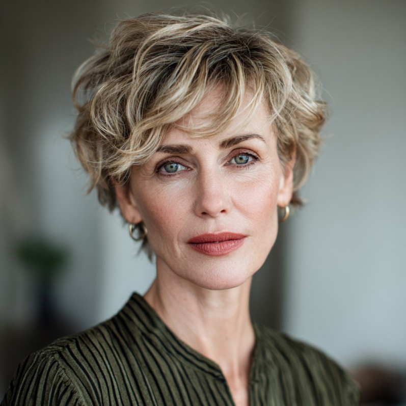 Softly Textured Curly Pixie Cut with Face-Framing Layers