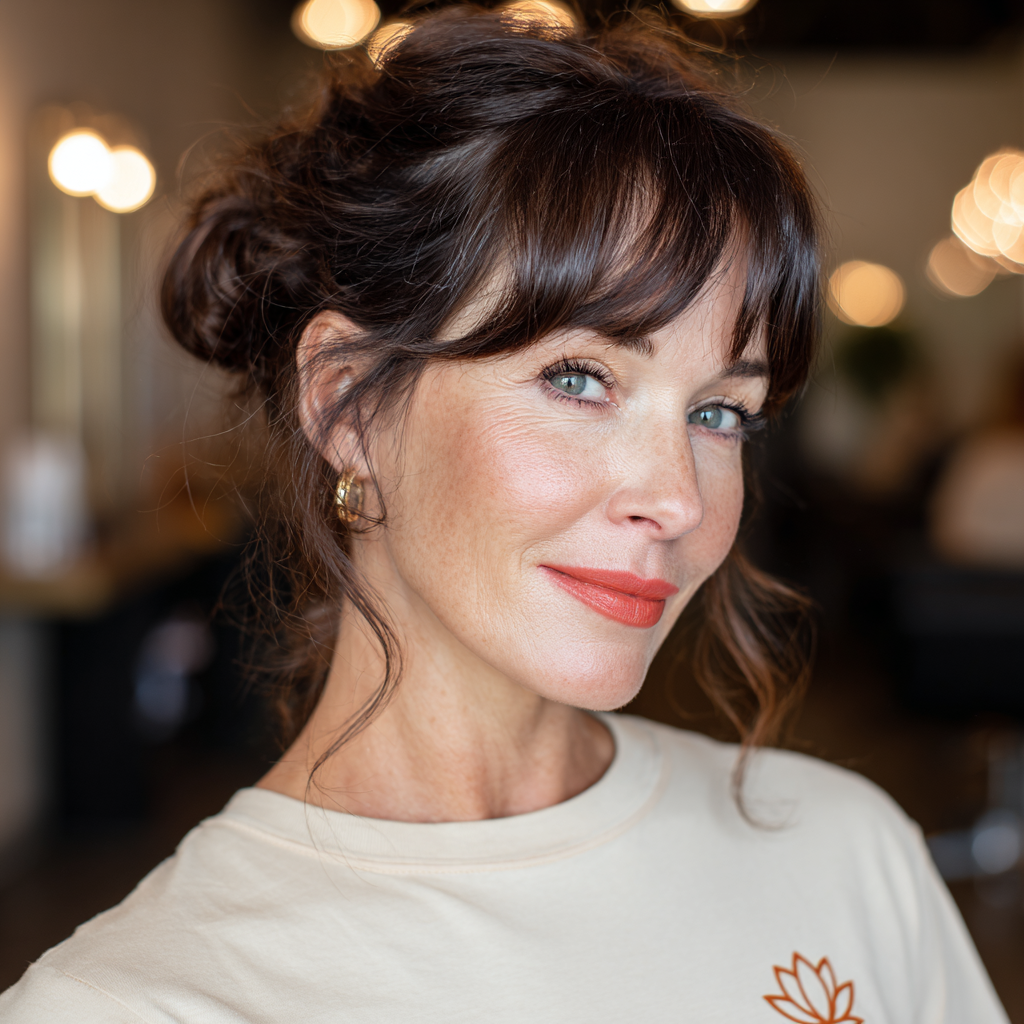 Softly Textured Low Chignon with Face-Framing Layers