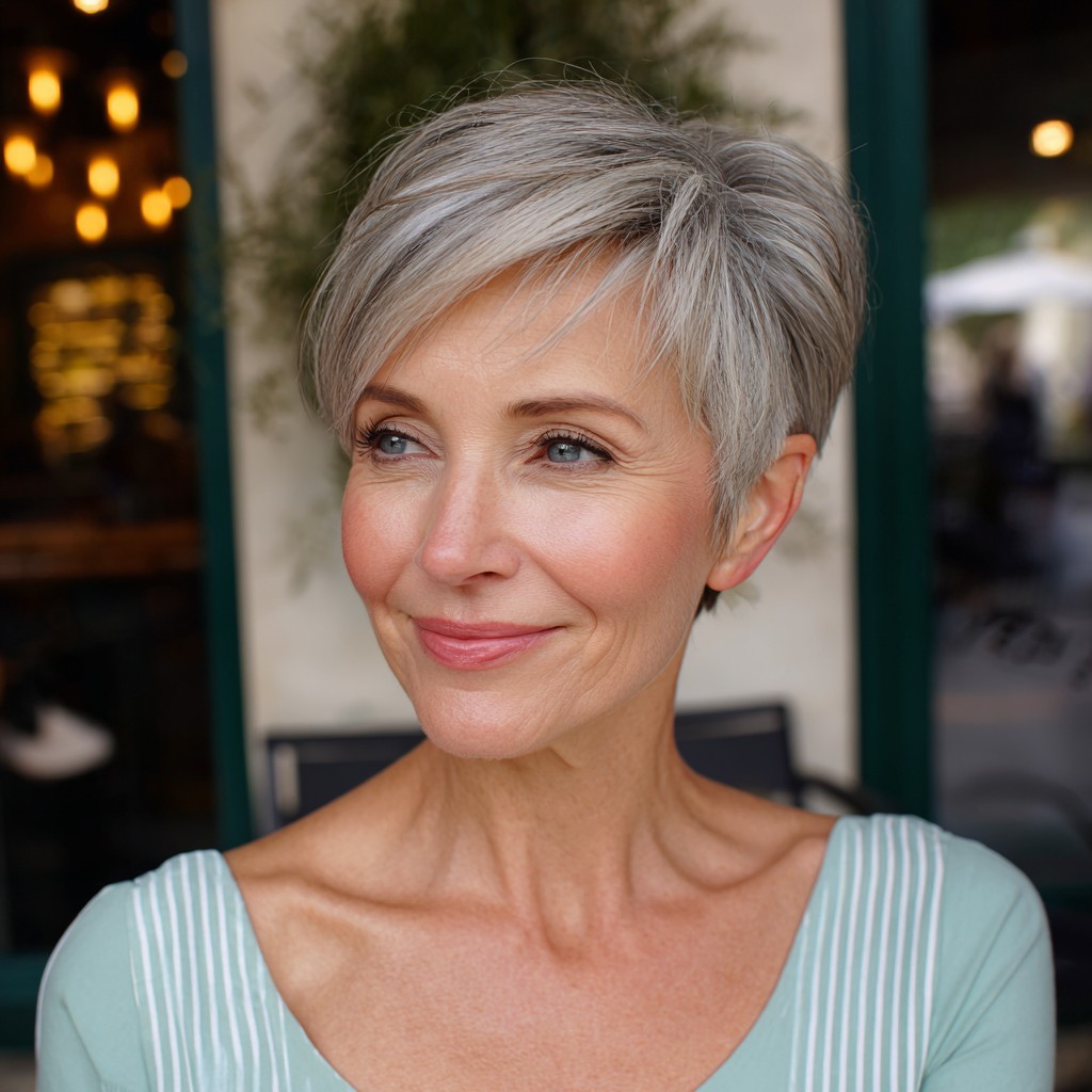 Softly Textured Short Silver Pixie with Subtle Layers