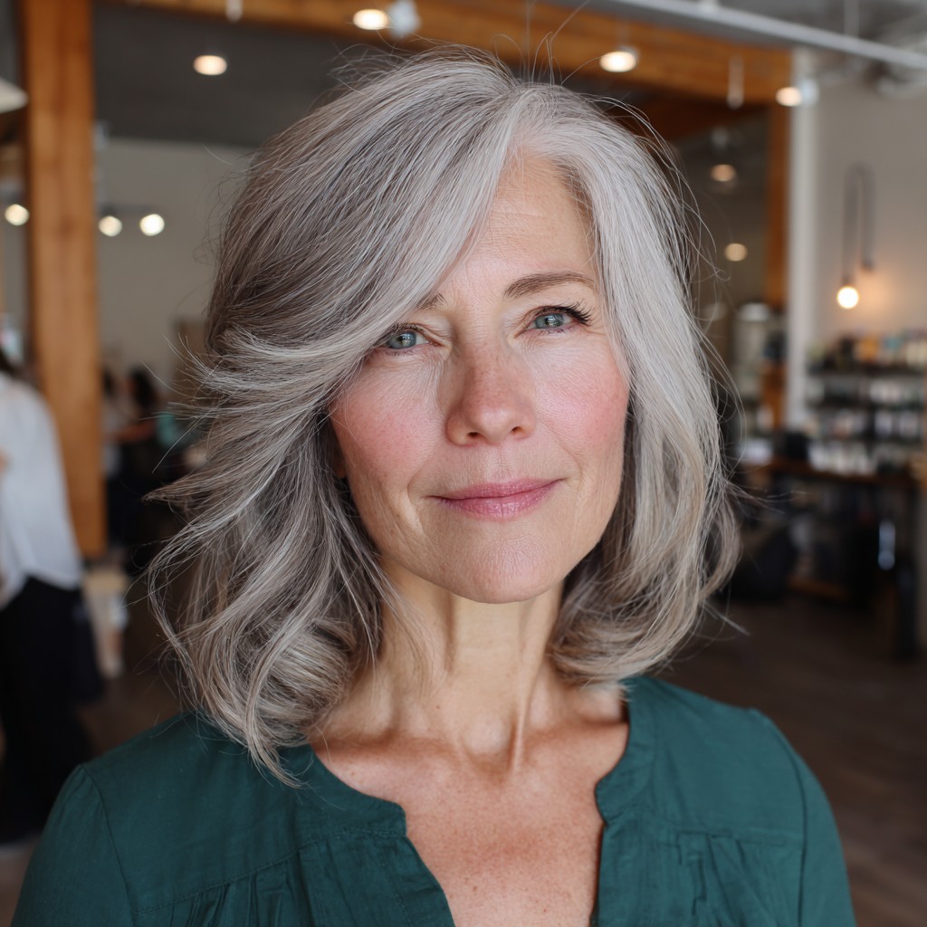 Softly Textured Silver Lob with Face-Framing Layers
