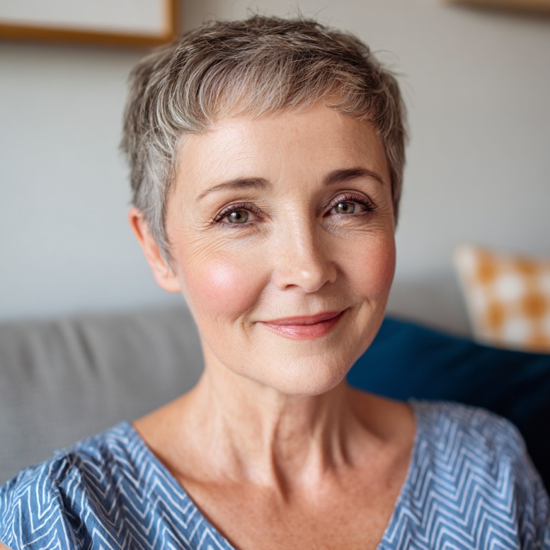 Softly Textured Silver Pixie with Face-Framing Layers