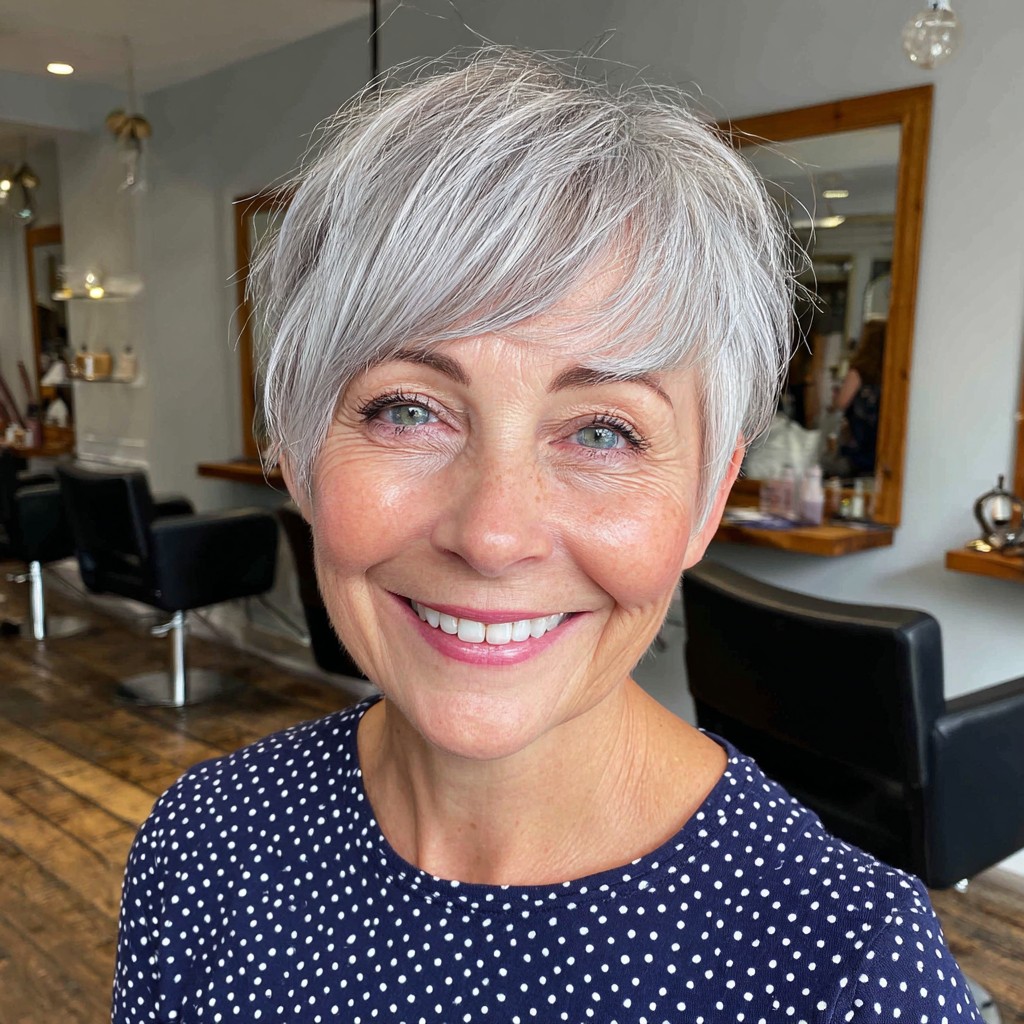 Stylish Soft Grey Pixie Cut with Long Bangs