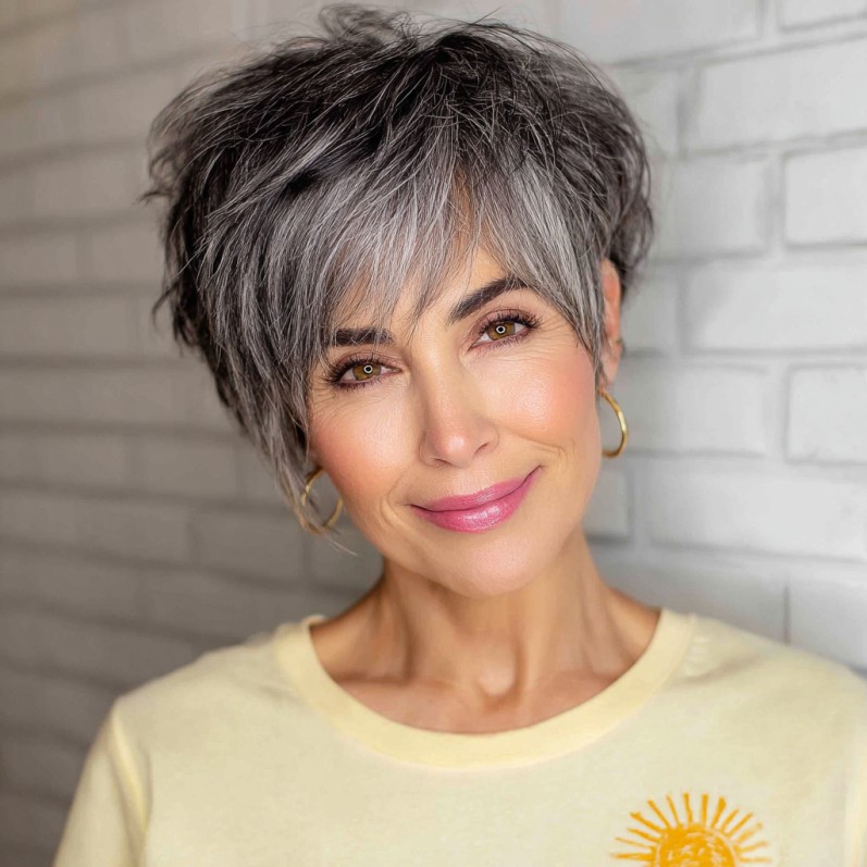 Textured Ashy Pixie Cut with Soft Bangs