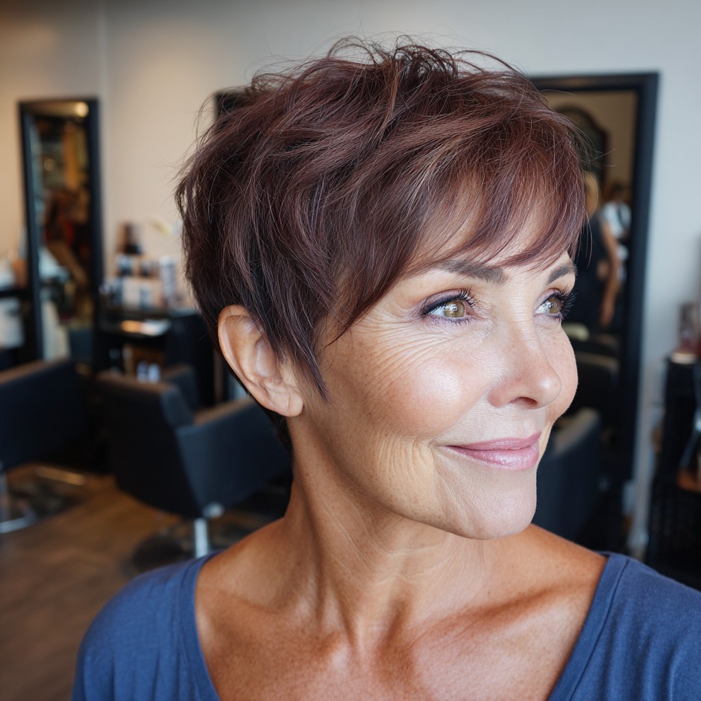 Textured Auburn Pixie Cut with Long Bangs