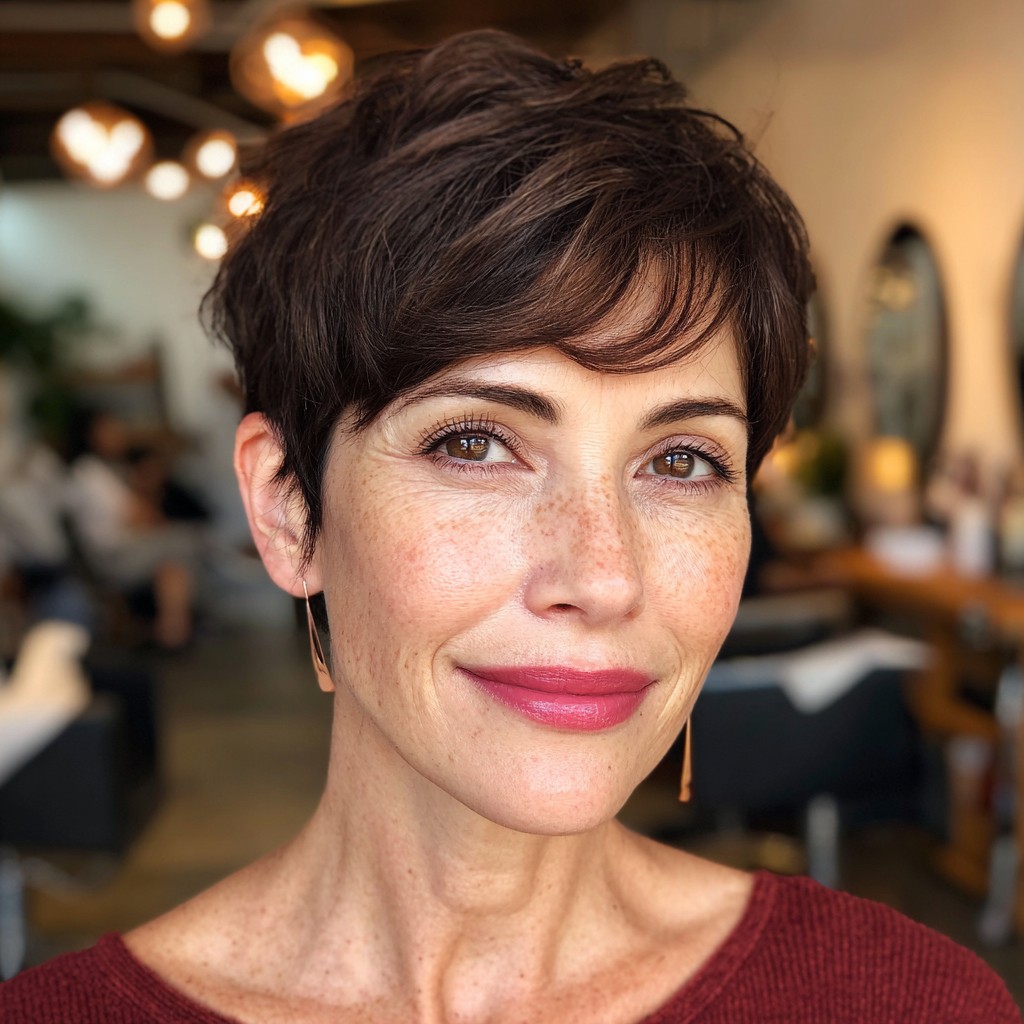 Textured Dark Brown Pixie with Soft Fringe