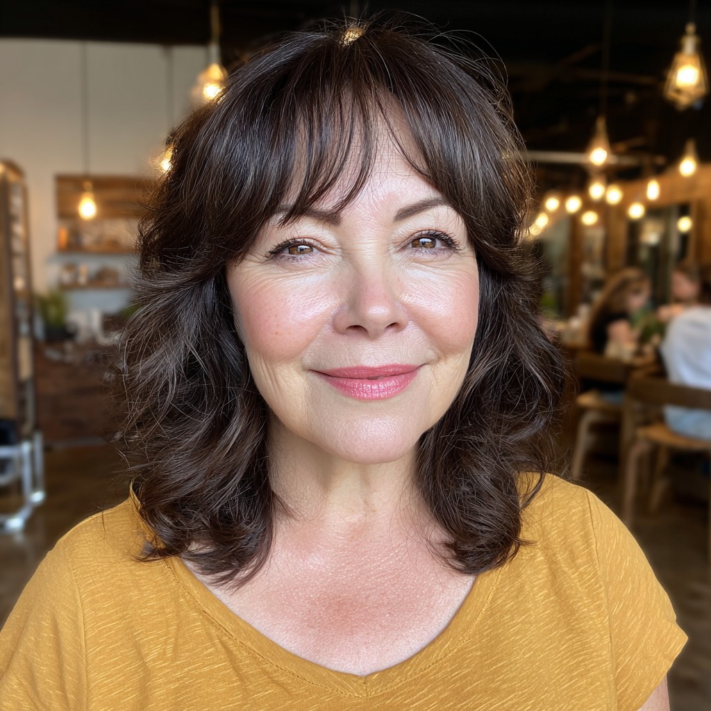 Textured Dark Brown Shoulder-Length Cut with Soft Waves
