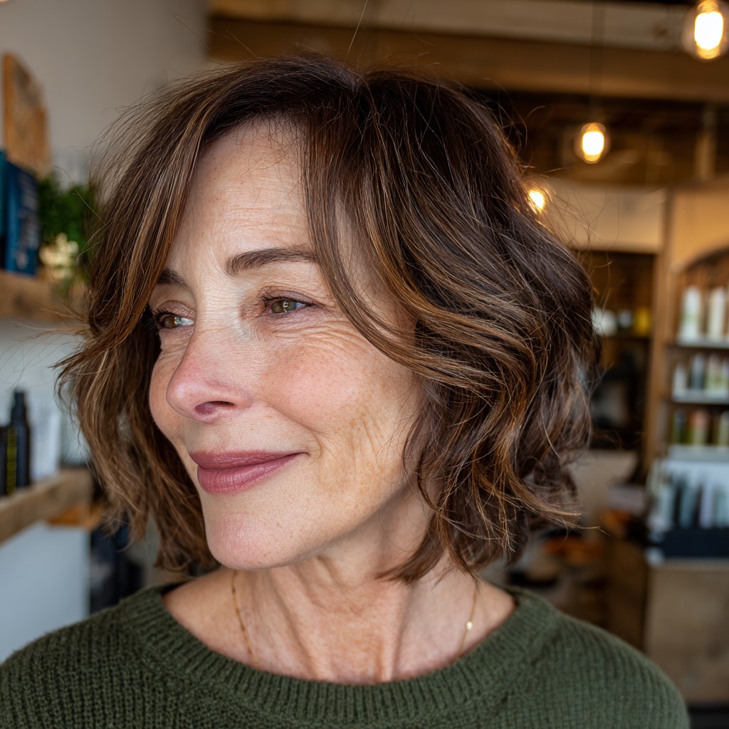 Textured Dark Brown Shoulder-Length Waves with Subtle Highlights