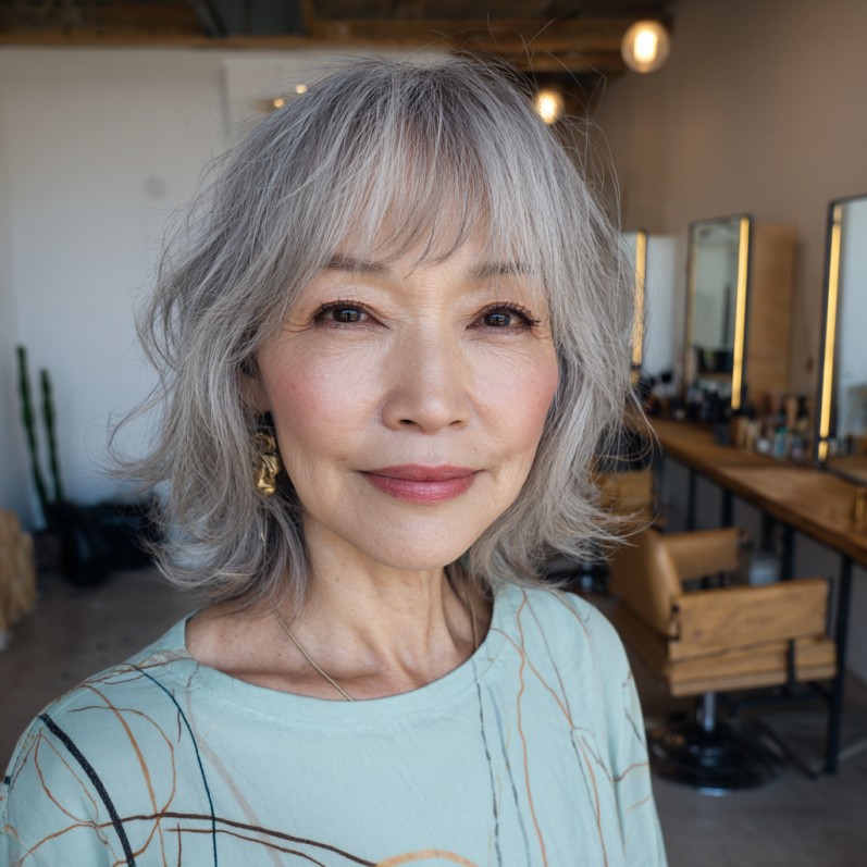Textured Grey Bob with Soft Choppy Bangs