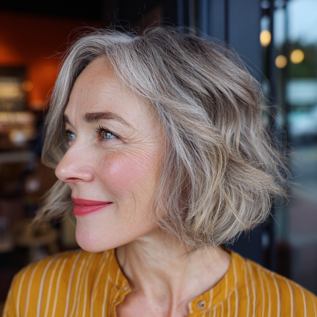 Textured Silver Beachy Bob with Soft Waves