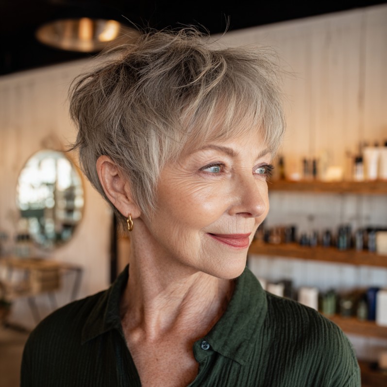 Textured Silver Pixie with Playful Bangs