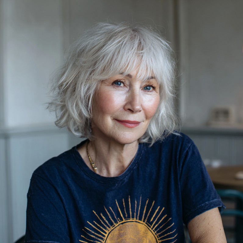 Textured Silver Shag with Playful Bangs