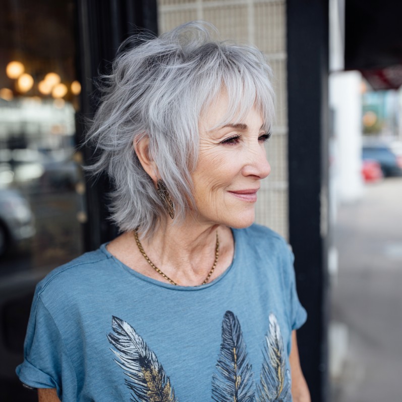 Textured Silver Shag with Playful Choppy Bangs
