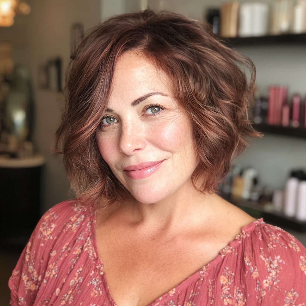 Textured Warm Brown Bob with Soft Waves