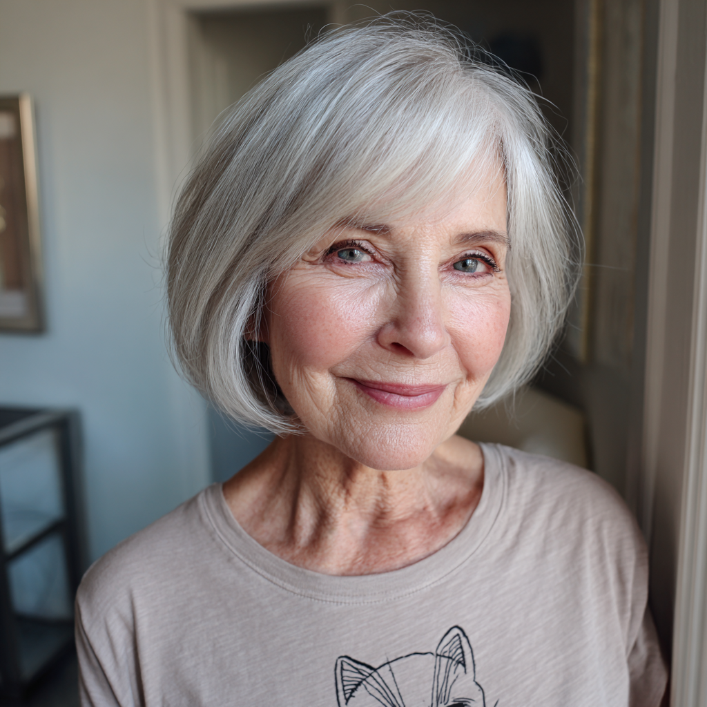 timeless silver blunt bob with soft bangs