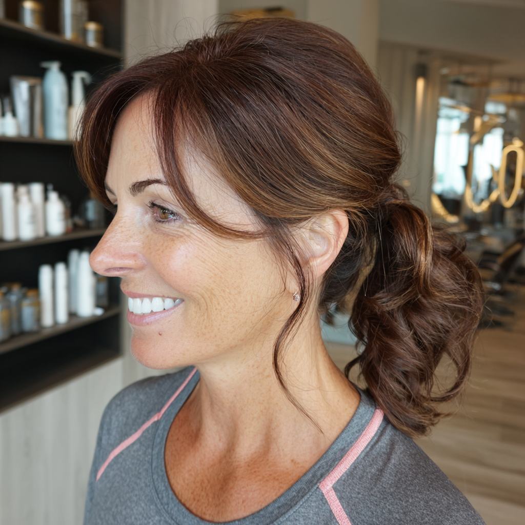 Chic Curly Ponytail with Face-Framing Layers