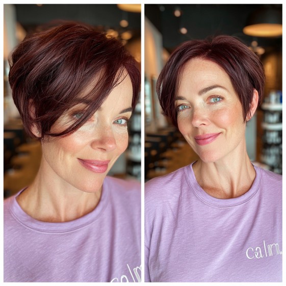Chic Deep Burgundy Pixie Bob with Soft Side-Swept Layers