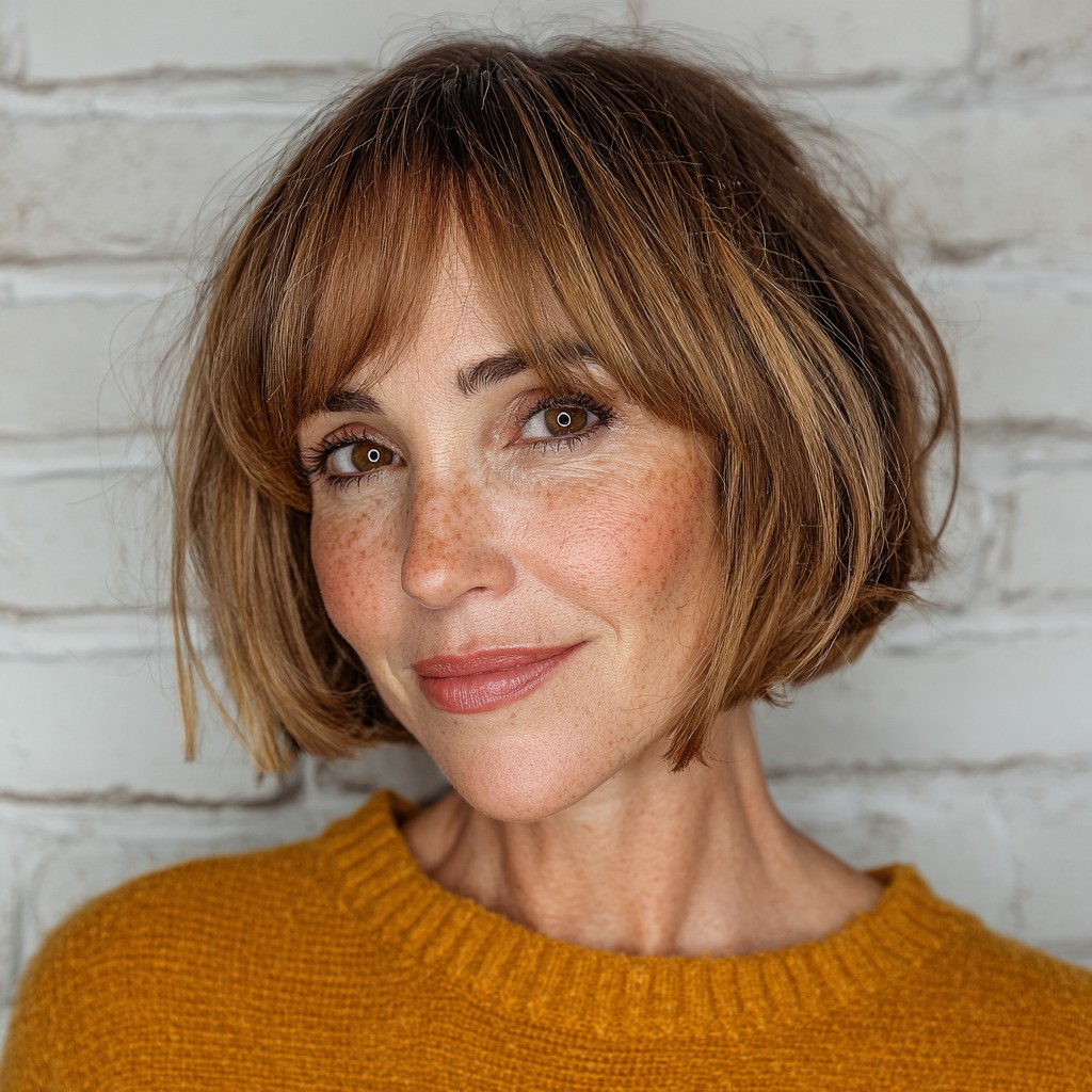 chic layered curtain bob with soft bangs