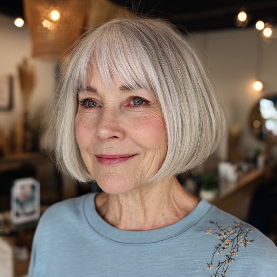 Chic Layered Silver Bob with Soft Fringe
