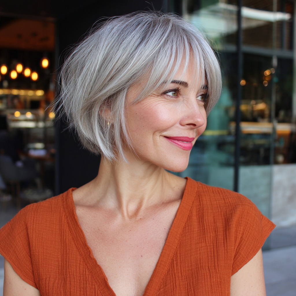 Chic Silver Textured Bob with Wispy Bangs