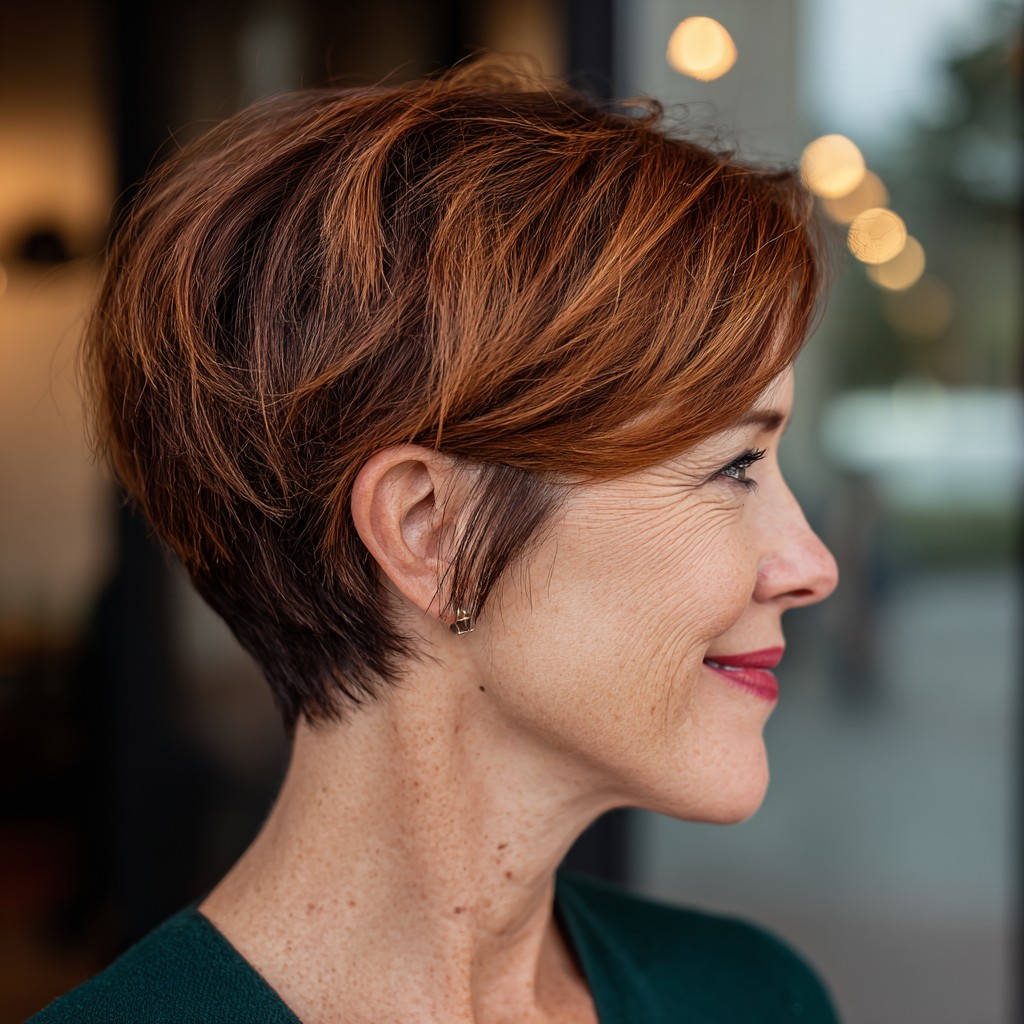 Chic Tapered Pixie with Warm Copper Highlights