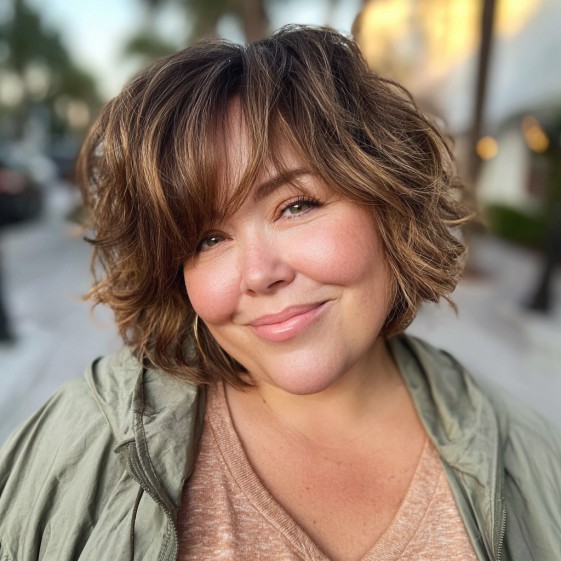 Chic Textured Curly Bob with Soft Light Brown Highlights