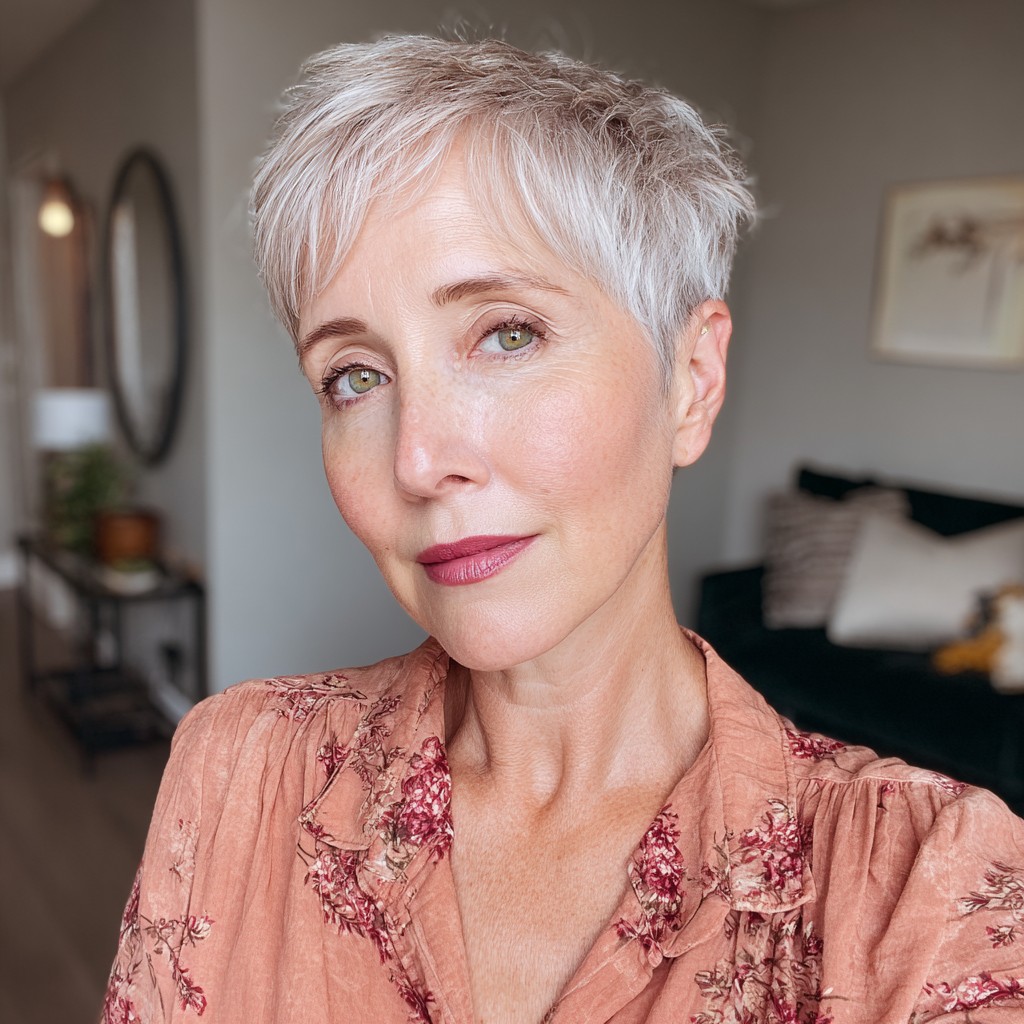 Chic Textured Silver Pixie with Flattering Layers