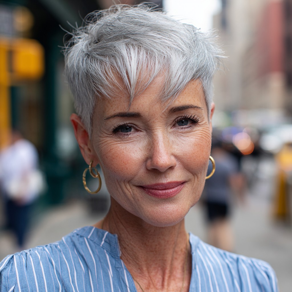 Chic Textured Silver Pixie with Playful Layers