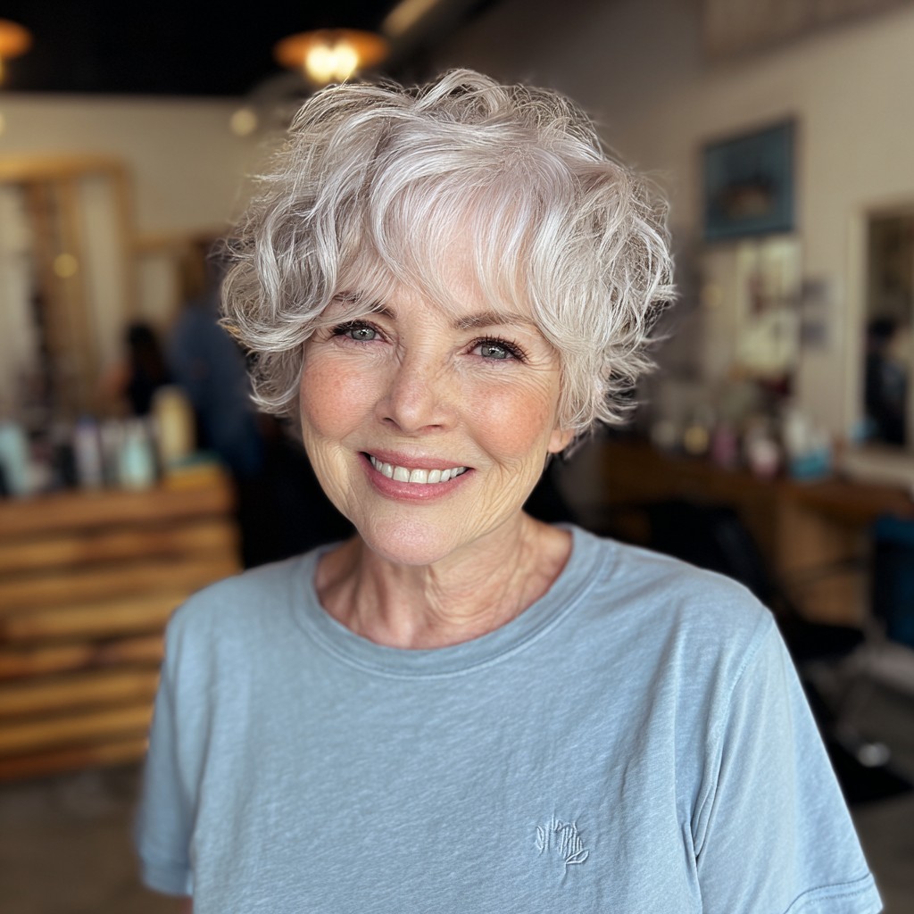 Chic Textured Silver Pixie with Soft Curls