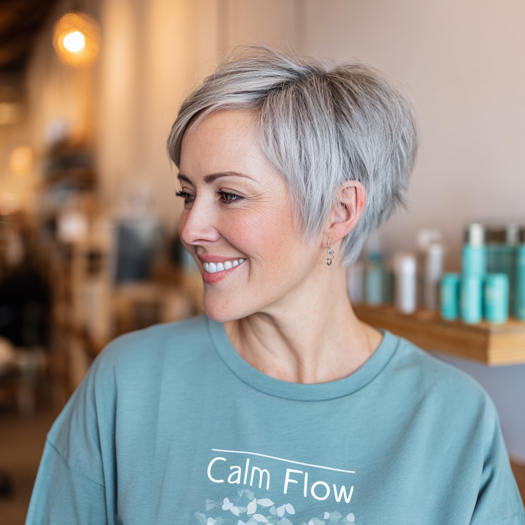 Chic Textured Silver Pixie with Soft Layers