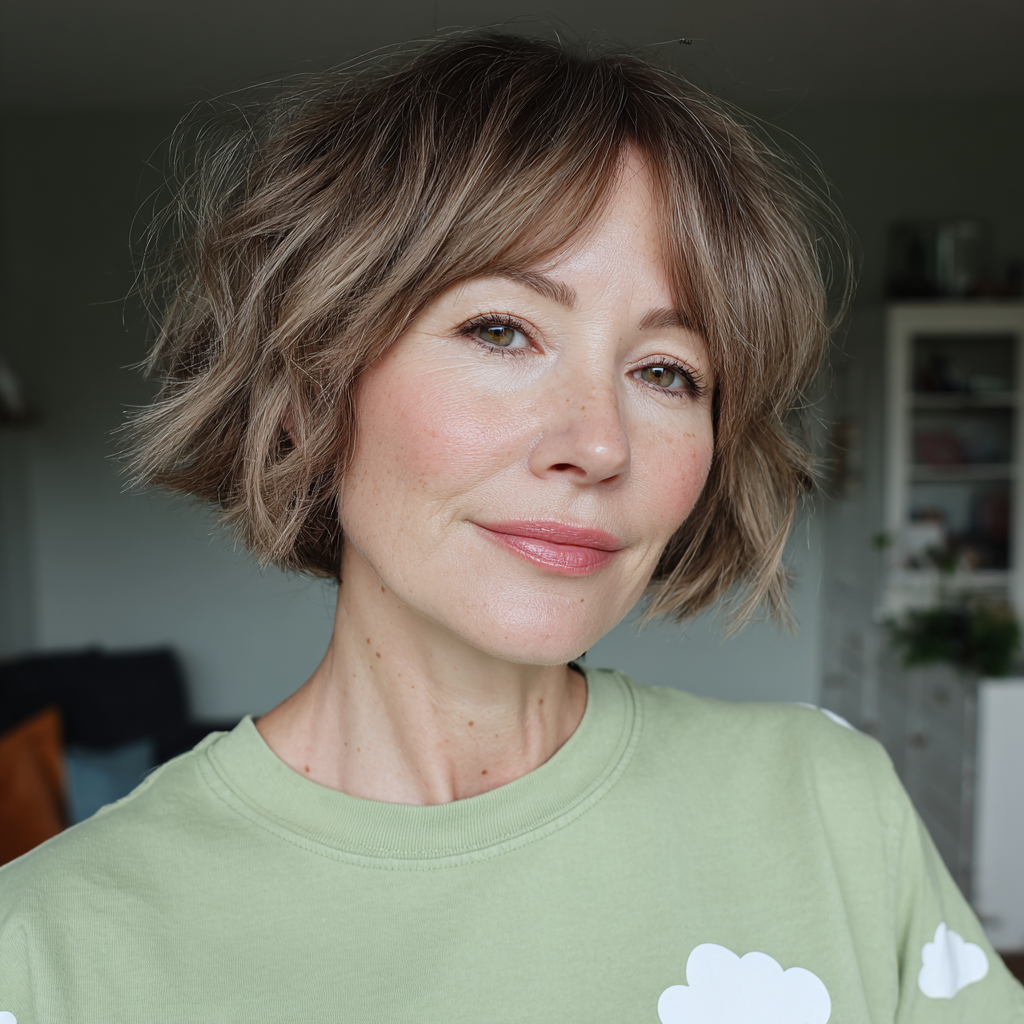 Choppy Layered Curtain Bob with Subtle Highlights