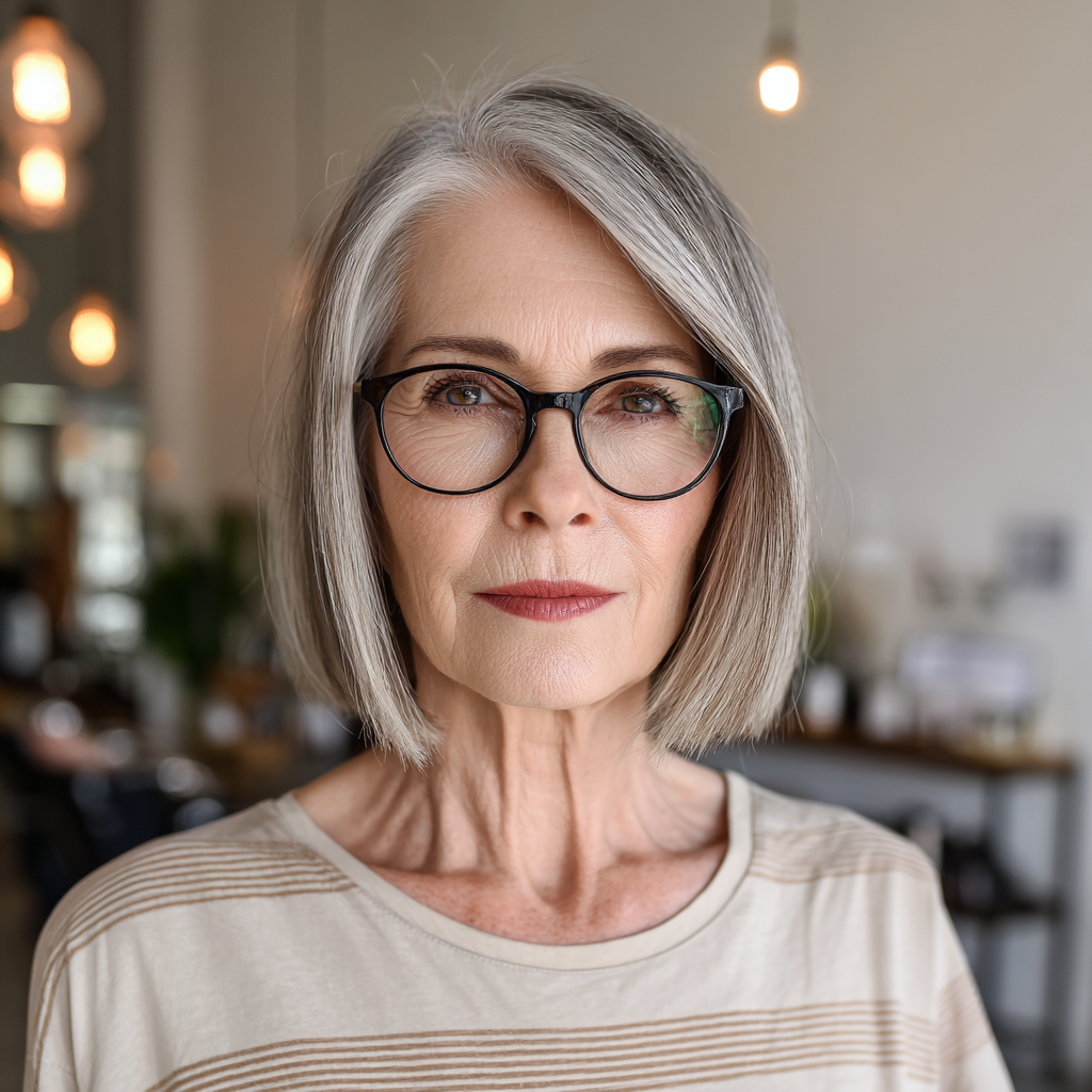 Contemporary Smooth Gray Bob with Face-Framing Layers