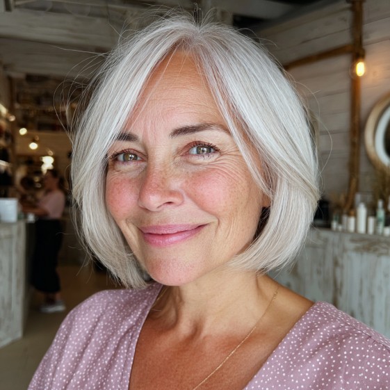 Elegant Soft White Bob with Subtle Face-Framing Layers