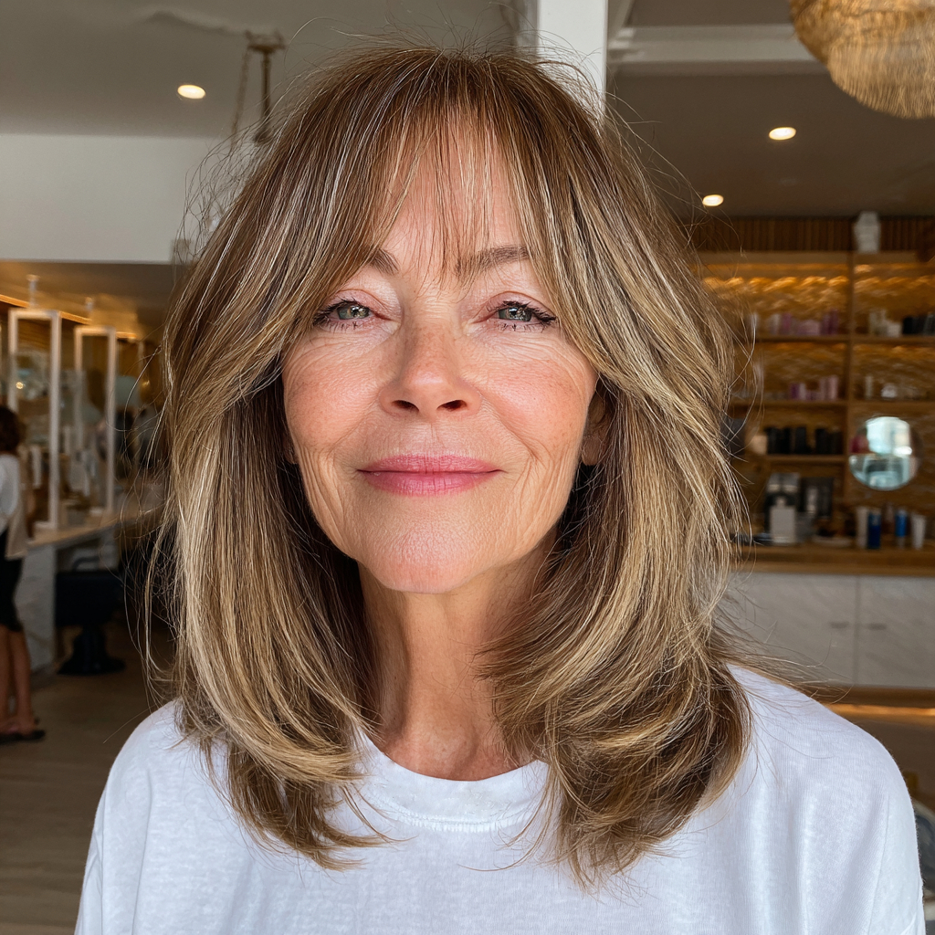 Modern Bronde Layers with Face-Framing Bangs