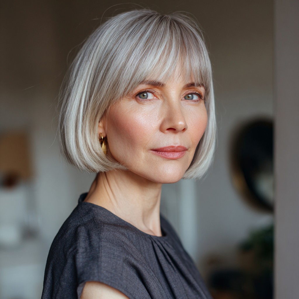 Modern Silver Bob with Soft Blunt Fringe
